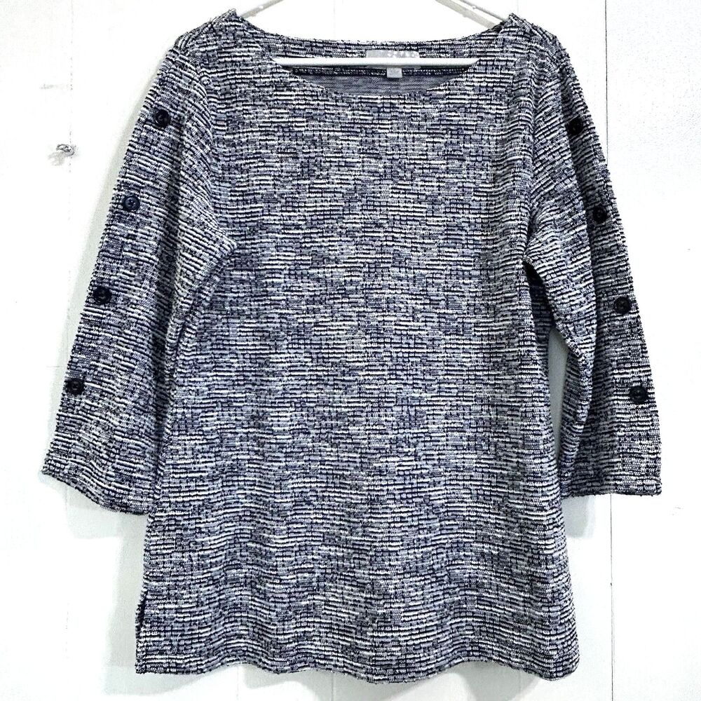 Carolyn Taylor Black White Textured Knit Three-quarter Sleeve Top Size L .